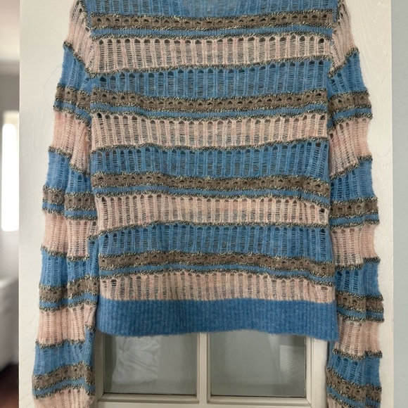 Frame Denim Blue and Cream Crew Neck Sweater with Lacy Knit - Picture 5 of 5